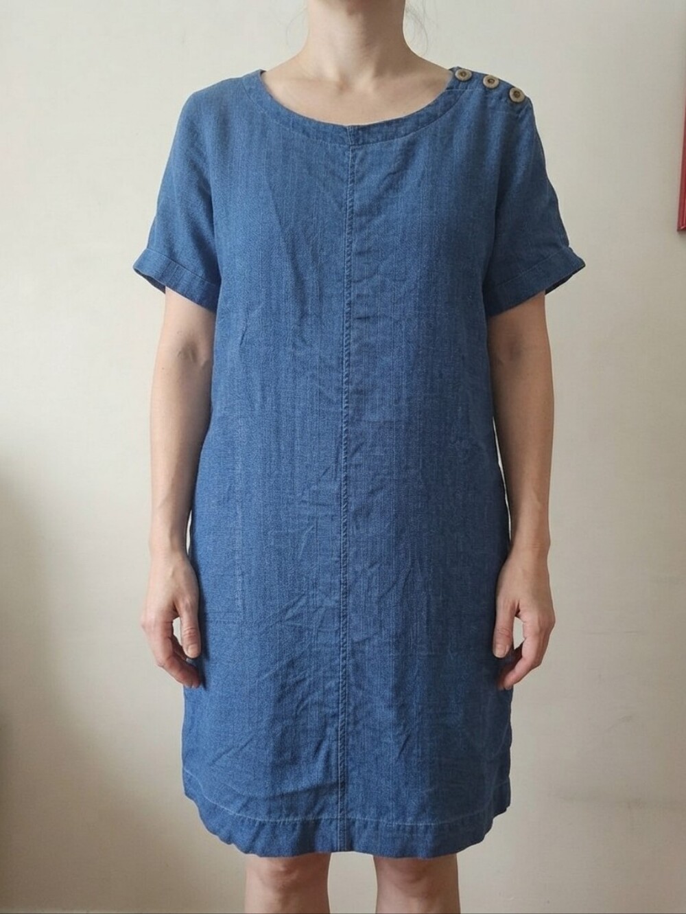 Pure Jill Indigo Blue Linen-Blend Button Shoulder Dress / Tunic